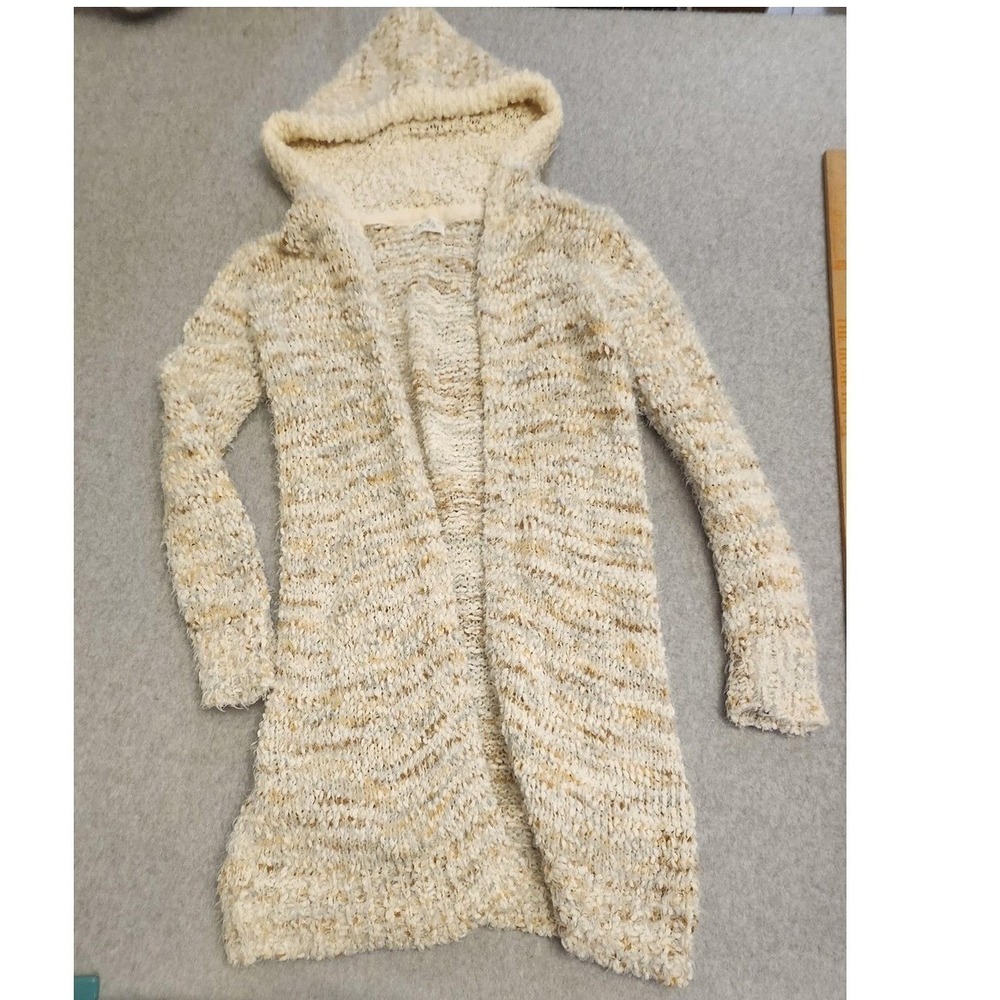 Poof Apparel Sweater Womens Small Beige Hooded Open Front‎ Chunky Knit Cardigan